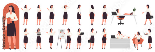 Businesswoman, female office worker set vector illustration. Cartoon professional woman entrepreneur talking and walking, lady standing in different poses, front, back and side view isolated white