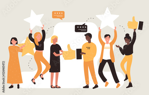 Customers choice and feedback service. Cartoon team of tiny people holding rating stars and thumbs up gesture approving stickers, giving support flat vector illustration. Digital marketing concept