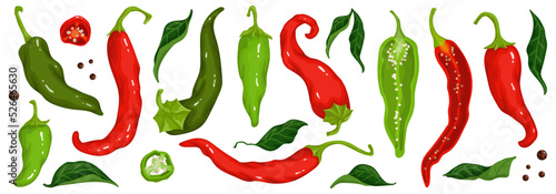 Leinwand Poster Set of green and red chili peppers, spicy vegetable halves and pieces