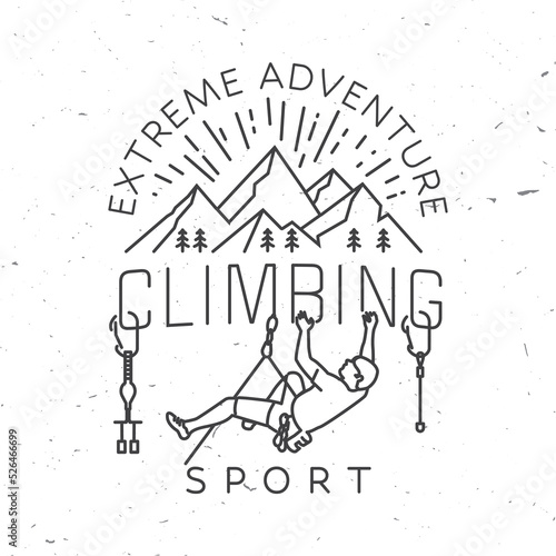 Climbing Club badge. Vector. Concept for shirt or logo, print, stamp or tee. Vintage line art typography design with climber, carabiners, climbing cams, hexes and mountain. Extreme adventure.