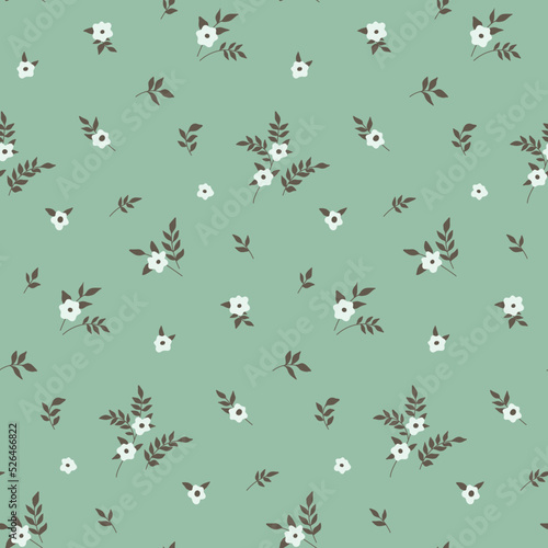 Seamless floral pattern, minimal ditsy print with small drawing plants on a blue field. Trendy surface design with little cute flowers, leaves in an abstract composition. Vector.