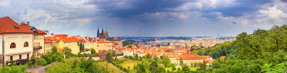 City summer landscape, panorama, banner - top view of the historical center of Prague, Czech Republic