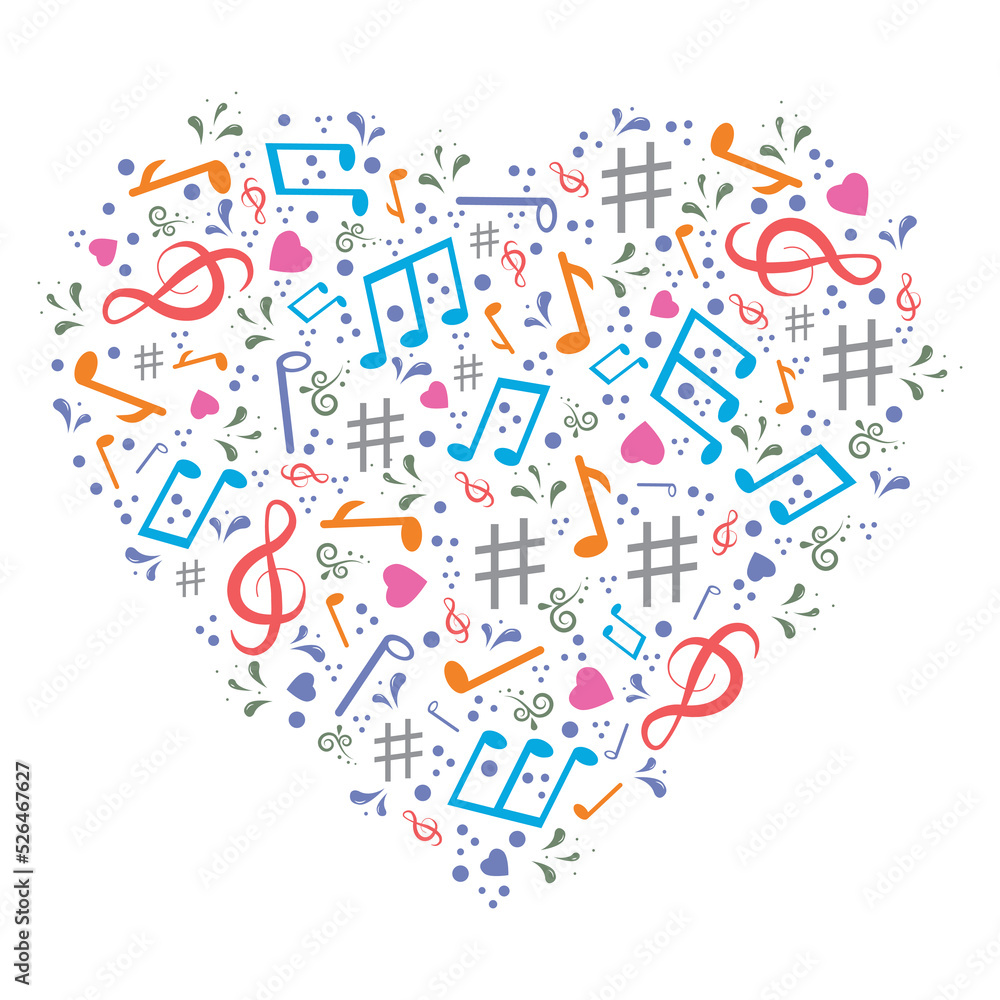 Musical heart with notes, vector isolated illustration Musical heart with notes, vector isolated illustration