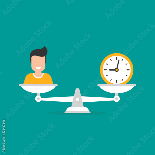 White mechanical scales with golden clock and man in pans. Job time and people value concept. work and life balance. Human resources, labour and salary pay scale. Vector illustration