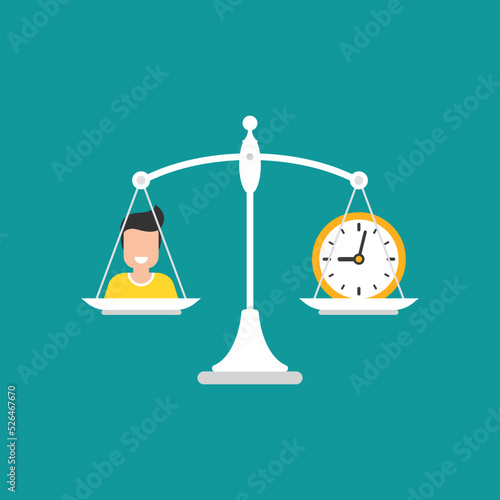 White mechanical scales with golden clock and man in pans. Job time and people value concept. work and life balance. Human resources, labour and salary pay scale. Vector illustration