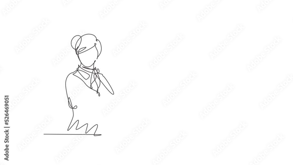Animated self drawing of single continuous line draw young female stewardess wearing uniform and pose crossed arms. Professional work job occupation. Minimalism concept. Full length one line animation Animated self drawing of single continuous line draw young female stewardess wearing uniform and pose crossed arms. Professional work job occupation. Minimalism concept. Full length one line animation