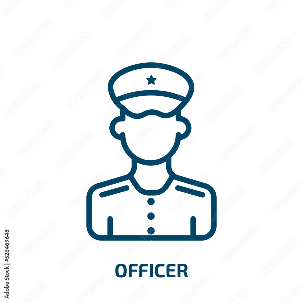 officer icon from army and war collection. Thin linear officer, office, man outline icon isolated on white background. Line vector officer sign, symbol for web and mobile officer icon from army and war collection. Thin linear officer, office, man outline icon isolated on white background. Line vector officer sign, symbol for web and mobile