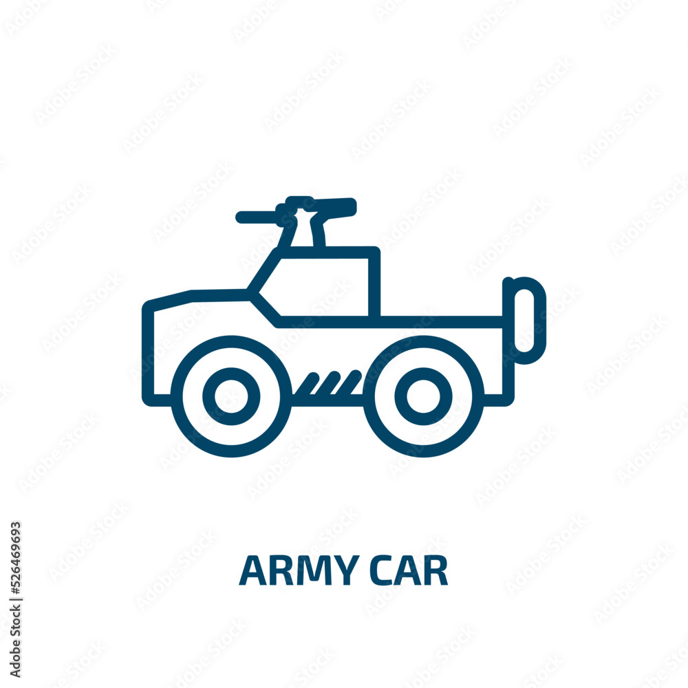 army car icon from army and war collection. Thin linear army car, army, transport outline icon isolated on white background. Line vector army car sign, symbol for web and mobile army car icon from army and war collection. Thin linear army car, army, transport outline icon isolated on white background. Line vector army car sign, symbol for web and mobile