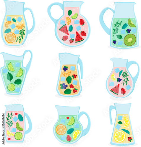 A set of summer cocktails in jugs. Drink with berries  fruits and mint leaves