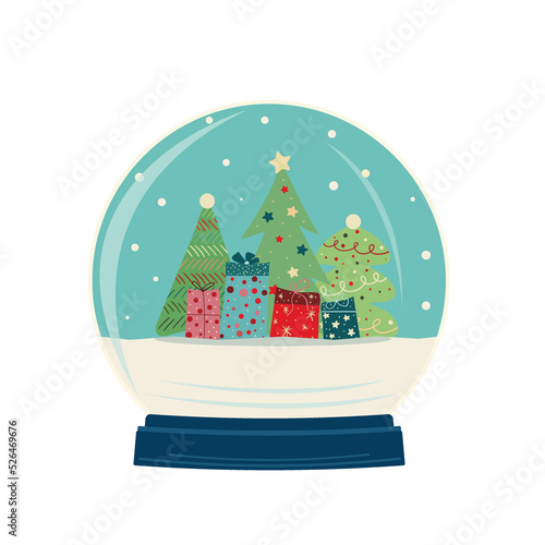 Christmas card. New Year snow globe with decorated Christmas trees and gifts, falling snow, blue background. 