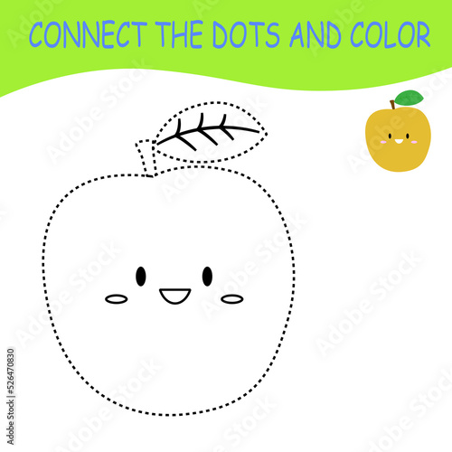 One cartoon red apple. Restore dashed line and color picture Trace game for children.