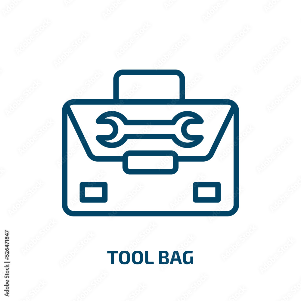 tool bag icon from construction collection. Thin linear tool bag, bag, tool outline icon isolated on white background. Line vector tool bag sign, symbol for web and mobile tool bag icon from construction collection. Thin linear tool bag, bag, tool outline icon isolated on white background. Line vector tool bag sign, symbol for web and mobile