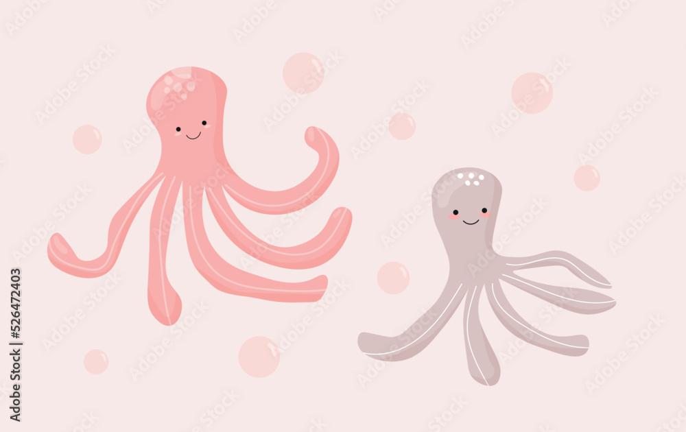 Cute funny octopus set isolated in pink and gray colors. Children clothing design with a marine animal underwater with bubbles. Cartoon flat vector illustration