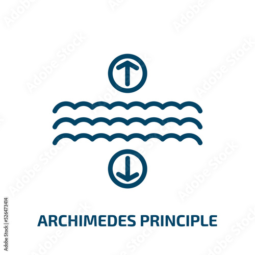 archimedes principle icon from education collection. Thin linear archimedes principle, principle, experiment outline icon isolated on white background. Line vector archimedes principle sign, symbol