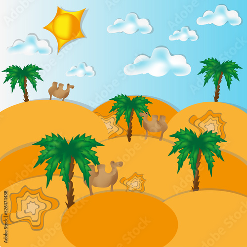 Desert landscape with palms tree, dunes, camel, quicksand, clouds, sun and blue sky. Summer tropical picture with sandy hill, camels and blue sky background. Travel agency concept. 