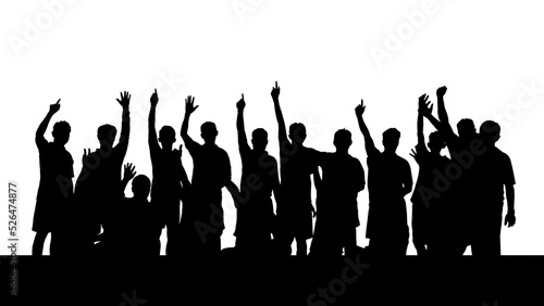 Isolated silhouette, people raising their hands in joy.