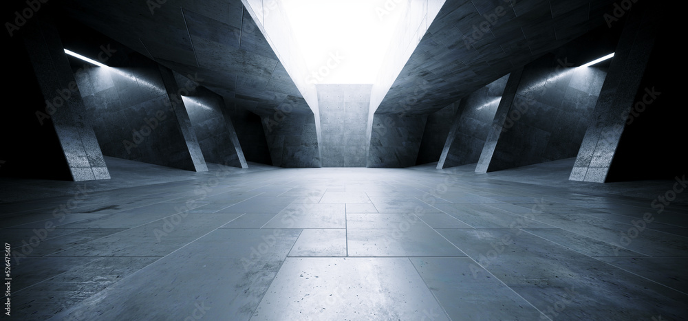 Sci Fi Futuristic Alien Spaceship Concrete Cement Asphalt Realistic Tunnel Corridor Hallway Showroom Warehouse Studio Underground Hangar Garage 3D Rendering - obrazy, fototapety, plakaty 