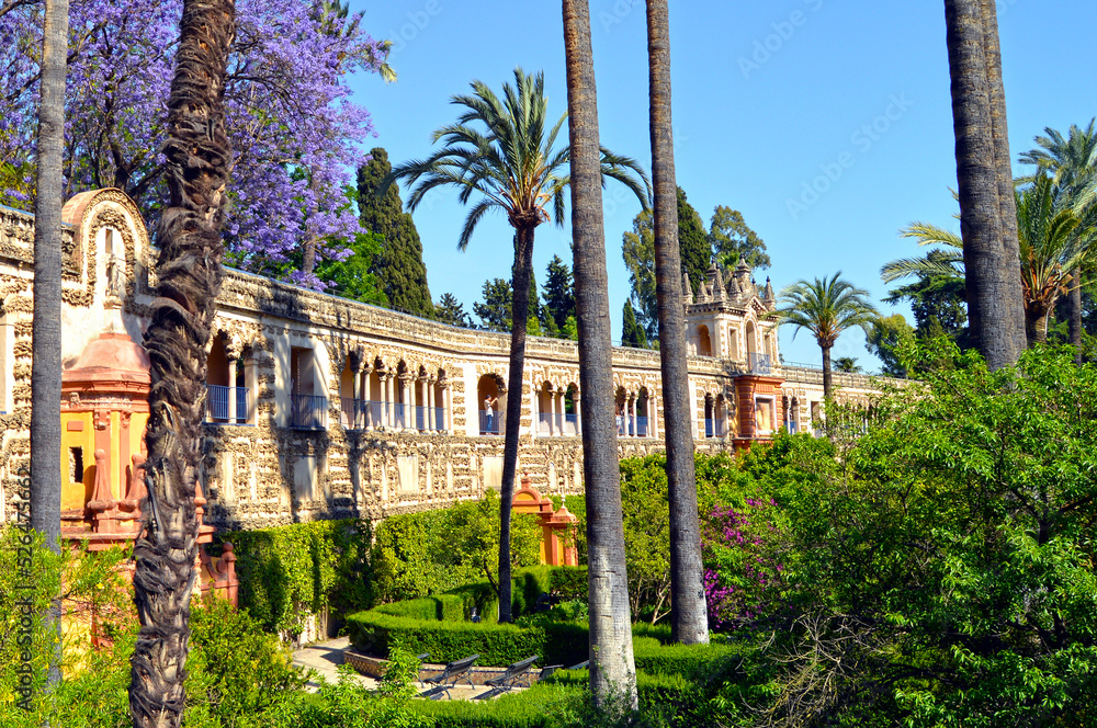 Romantic gardens of the Alcazar of Seville and the Gallery of Grutesques, Spain. Unforgettable visit to the Alcazar of Seville. Gardens from Spain Romantic gardens of the Alcazar of Seville and the Gallery of Grutesques, Spain. Unforgettable visit to the Alcazar of Seville. Gardens from Spain