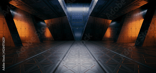 Fototapeta Naklejka Na Ścianę i Meble -  Sci Fi Futuristic Alien Spaceship Metal Panels Glossy Realistic Tunnel Corridor Hallway Showroom Warehouse Studio Underground Hangar Garage 3D Rendering