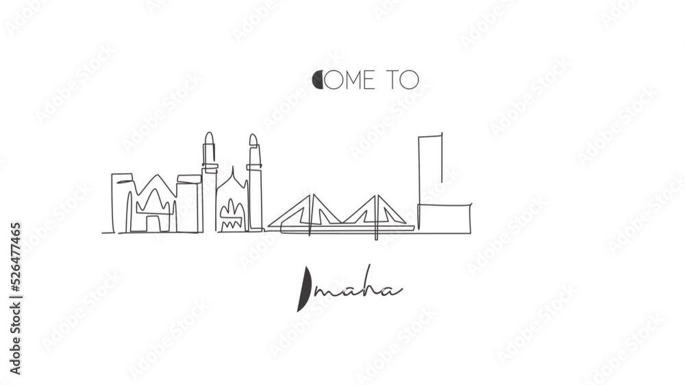 Animated self drawing of one continuous line draw Omaha city skyline, Nebraska. World beautiful landscape tourism and travel vacation for wall decor print. Full length single line animation. Animated self drawing of one continuous line draw Omaha city skyline, Nebraska. World beautiful landscape tourism and travel vacation for wall decor print. Full length single line animation.