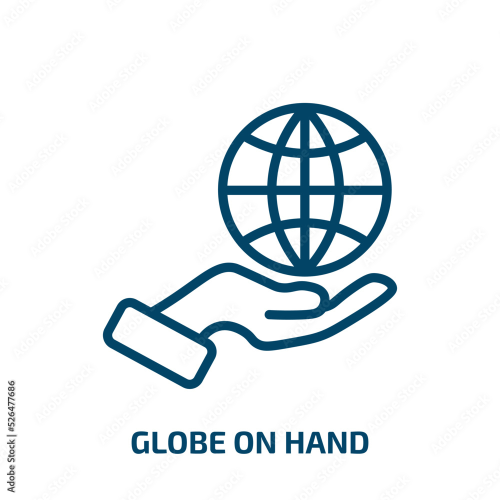 globe on hand icon from ecology collection. Thin linear globe on hand, hand, globe outline icon isolated on white background. Line vector globe on hand sign, symbol for web and mobile globe on hand icon from ecology collection. Thin linear globe on hand, hand, globe outline icon isolated on white background. Line vector globe on hand sign, symbol for web and mobile