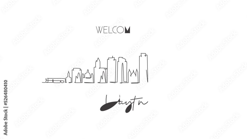 Animated self drawing of continuous line draw Dayton city skyline, Ohio. Beautiful landmark. World landscape tourism travel home wall decor poster print. Full length single line animation illustration Animated self drawing of continuous line draw Dayton city skyline, Ohio. Beautiful landmark. World landscape tourism travel home wall decor poster print. Full length single line animation illustration