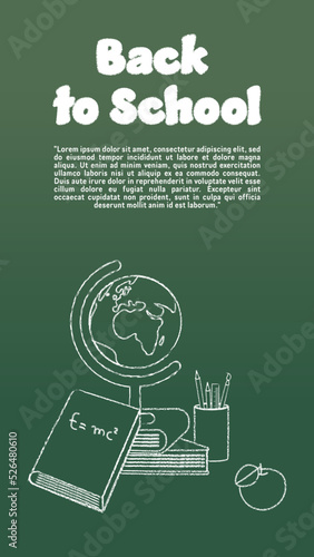 Vector Banner Back to School With Chalk Drawn Globe, Books, Apple and Other School Equipment on the Chalkboard. Perfect for Web Sites, Social Media, Printed Materials, etc.