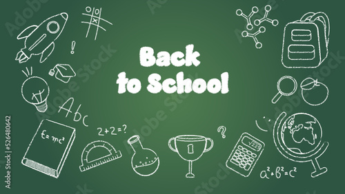Vector Banner Back to School With Chalk Drawn School Equipment on the Chalkboard. Perfect for Web Sites, Social Media, Printed Materials, etc.