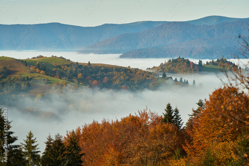 Panoramic image autumn landscape, clouds over hills and forest with mountains on background. Carpathians, Ukraine