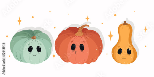Set of cute pumpkins for Halloween, cute smiling pumpkins, ready-made vector pumpkins banner, autumn pumpkins in hand drawn style
