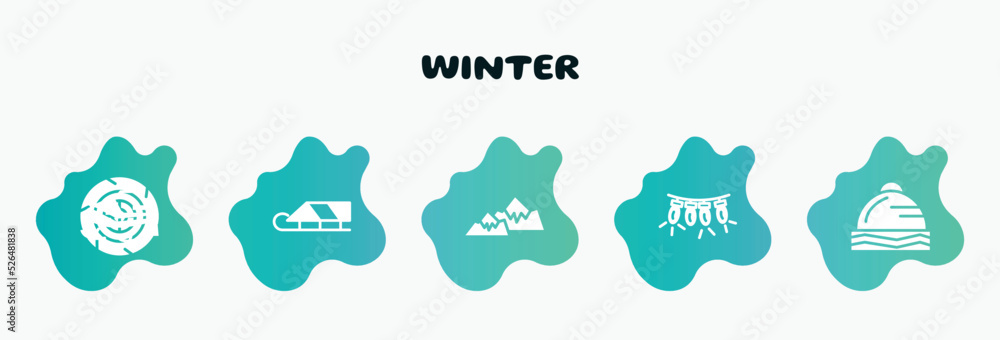 winter filled icons set. flat icons such as sledge, snowy mountain, lights, winter cap, winter tire icon collection. can be used web and mobile.