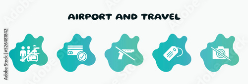 airport and travel filled icons set. flat icons such as credit cards accepted, no guns, luggage tag, no photography, or going down icon collection. can be used web and mobile. photo
