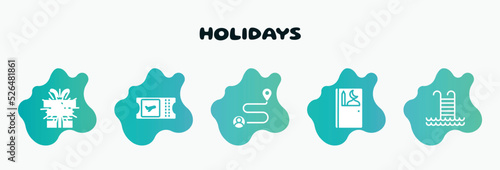 holidays filled icons set. flat icons such as boarding card, journey, prayer room, swimming pool ladder, birthday gift icon collection. can be used web and mobile.