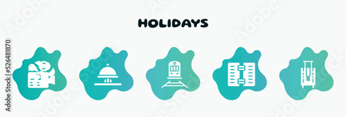 holidays filled icons set. flat icons such as hotel bell ringing, streetcar, wine menu, bag for travel, ventilation icon collection. can be used web and mobile.