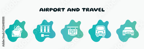 airport and travel filled icons set. flat icons such as three lockers with key, restaurant, bus service, front car, teacup icon collection. can be used web and mobile.