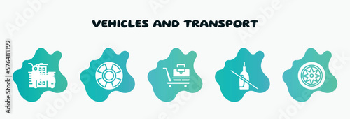 vehicles and transport filled icons set. flat icons such as life bouy, baggage transportation over wheels cart, no drink, car parts, sidecar icon collection. can be used web and mobile.