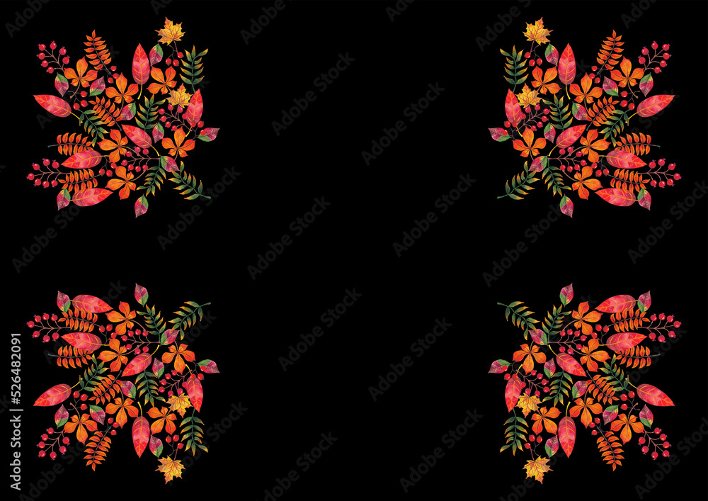 Watercolor leaf's. Four Maple shapes. Black background. Bright and colorful. Modern art. Card or banner. Autumn time. Text space. Frame. Watercolor leaf's. Four Maple shapes. Black background. Bright and colorful. Modern art. Card or banner. Autumn time. Text space. Frame.