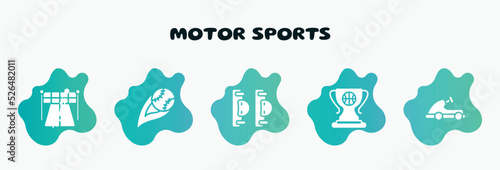 motor sports filled icons set. flat icons such as strike, elbow pads, champ, go kart, starting point icon collection. can be used web and mobile.