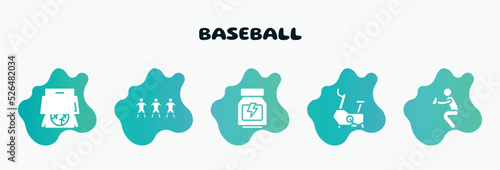 baseball filled icons set. flat icons such as football team, whey protein, stationary bicycle, catcher, baseball card icon collection. can be used web and mobile.