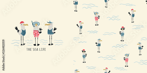 The sea life. T-shirt design and seamless pattern for kids