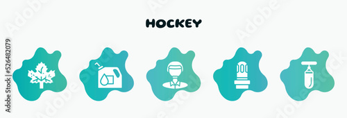 hockey filled icons set. flat icons such as oil down, polo player, led strobe, sand bag, m leaf icon collection. can be used web and mobile.