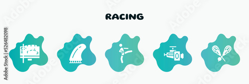 racing filled icons set. flat icons such as fin, kicking, horsepower, lacrosse, black flagged icon collection. can be used web and mobile.