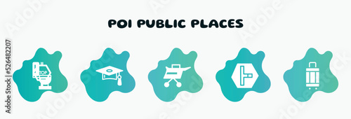 poi public places filled icons set. flat icons such as graduate cap, air taxi, t junction, hand luggage, toilet side view icon collection. can be used web and mobile.