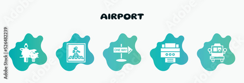 airport filled icons set. flat icons such as pedestrian crossing, one way street, portable printer, bus front with driver, take off icon collection. can be used web and mobile.