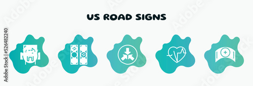 us road signs filled icons set. flat icons such as semaphore lights, converging, electrocardiogram inside heart, nursing, one way icon collection. can be used web and mobile.