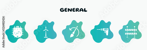 general filled icons set. flat icons such as renewable energy label, brush history, perforator, traffic barriers, patch crop icon collection. can be used web and mobile.