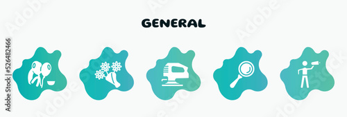 general filled icons set. flat icons such as daisy bouquet, fretsaw, magnifiying glass, leader with loudspeaker, floating balloons icon collection. can be used web and mobile.