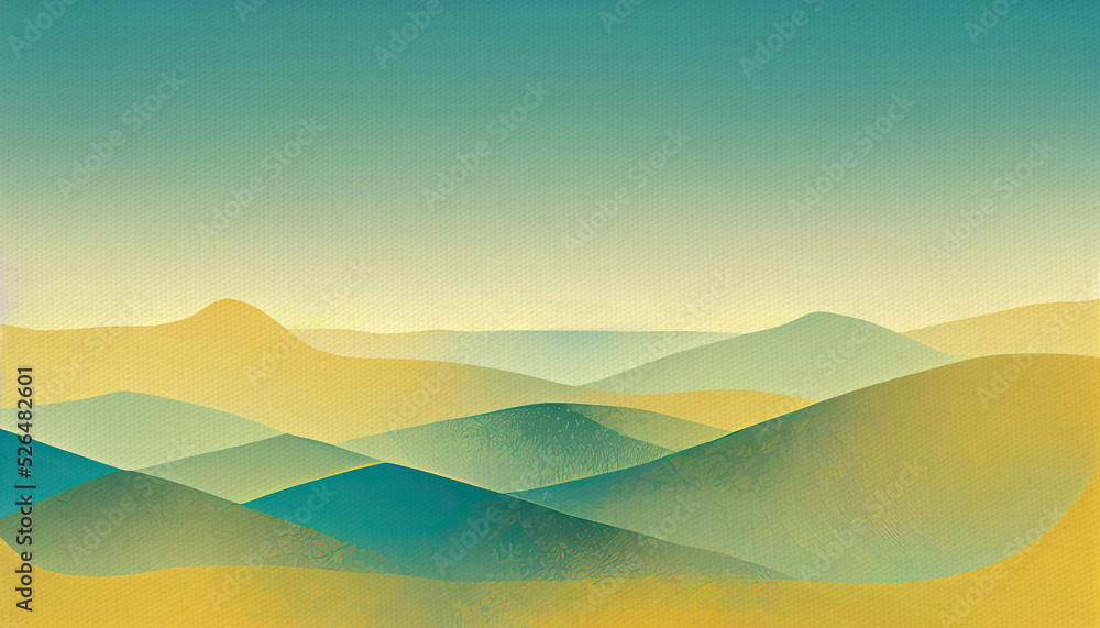 Mountains landscape. Digital minimalistic illustration of mountains. Layers of mountains on paper texture in vintage style. Yellow, blue, green color.