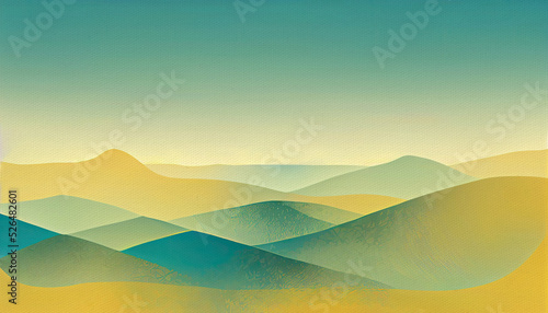 Mountains landscape. Digital minimalistic illustration of mountains. Layers of mountains on paper texture in vintage style. Yellow, blue, green color. © Mighty