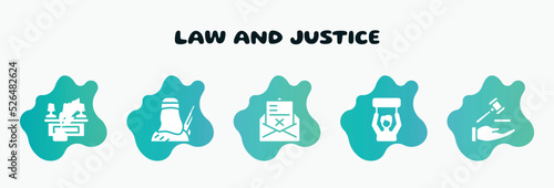 law and justice filled icons set. flat icons such as , crime letter, civil rights, qualified protection, feather pen icon collection. can be used web and mobile.
